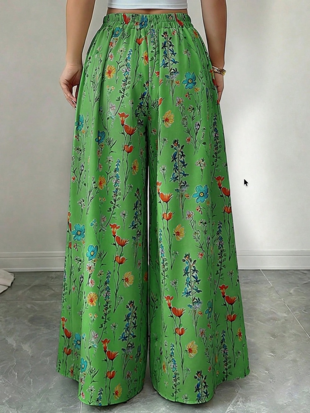 Boho Floral Print Stretchy Pants Wide Leg Flowy Pants - Picture 9 of 9